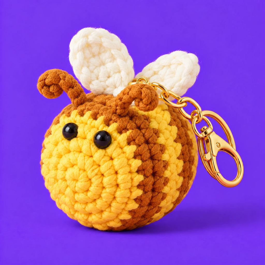 Mireille — Abeille porte-clés au crochet — vue de trois quarts.