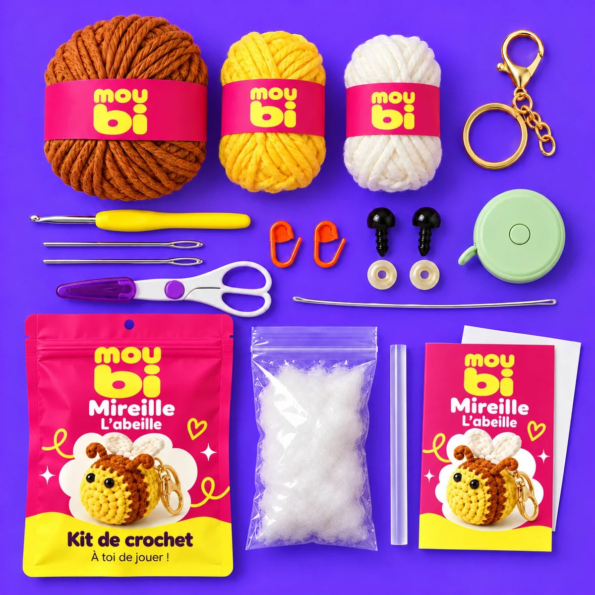 Contenu du kit de crochet Mireille, l’abeille : fils, crochet, accessoires, sachet et livret Moubi.
