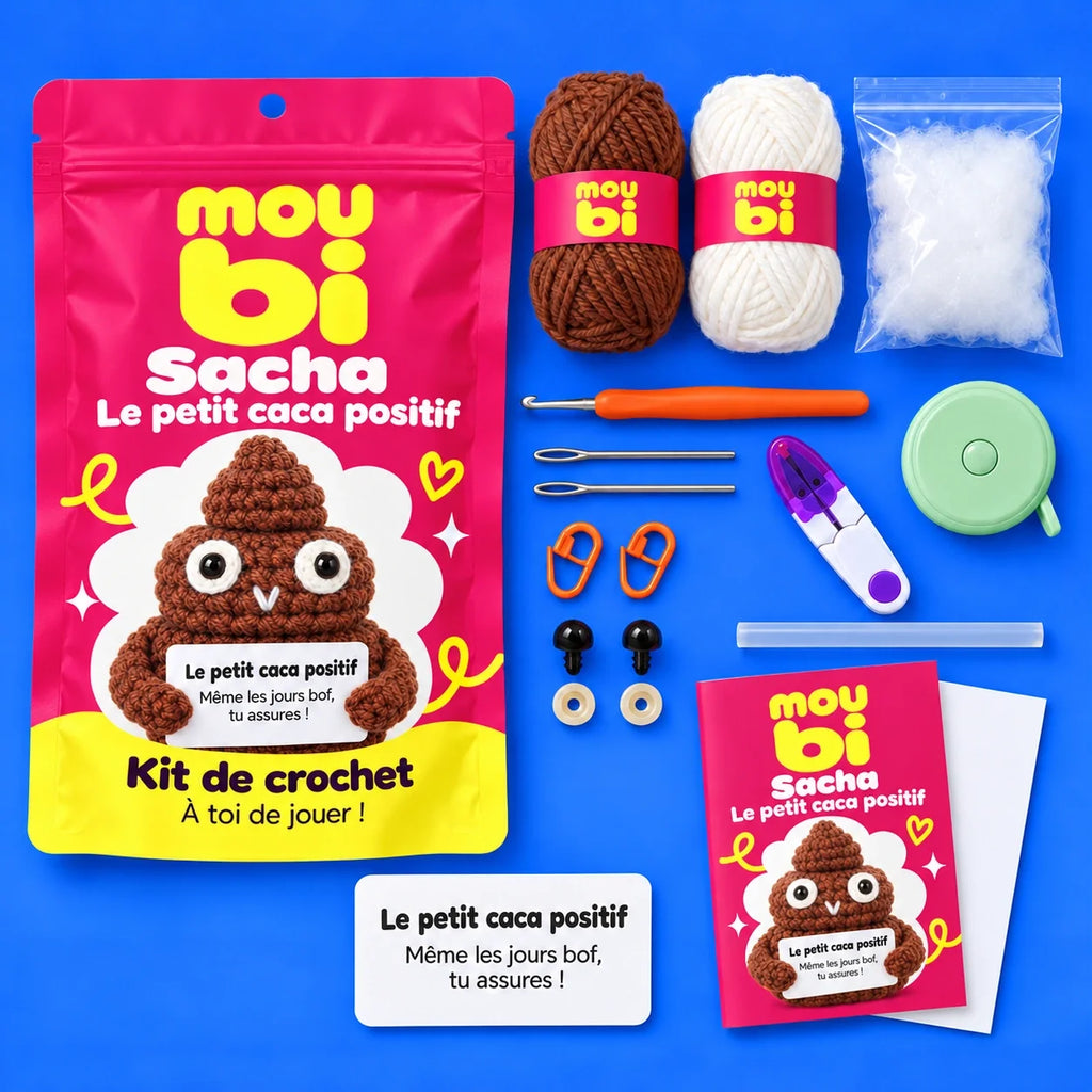 Contenu du kit de crochet Sacha, le petit caca positif : fils, crochet, accessoires, sachet et livret Moubi.