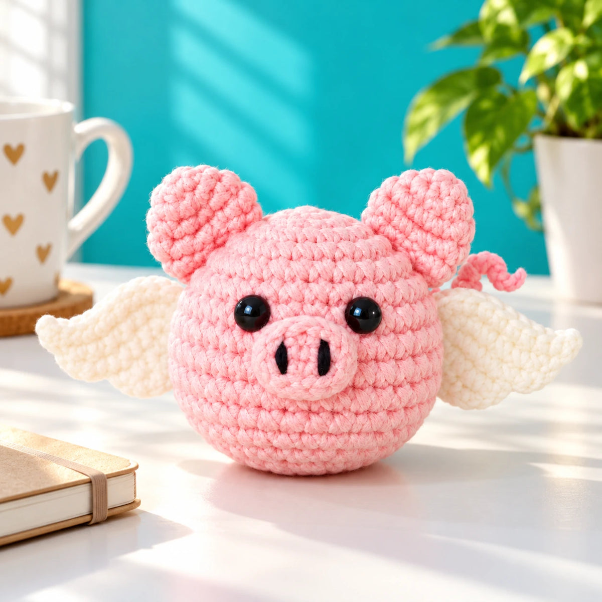Simon — Cochon ailé porte-clés au crochet — mise en situation.