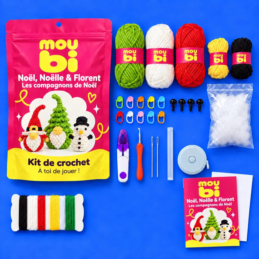 Contenu du kit de crochet Noël, Noëlle & Florent — Les compagnons de Noël : fils, crochet, accessoires, sachet et livret Moubi.
