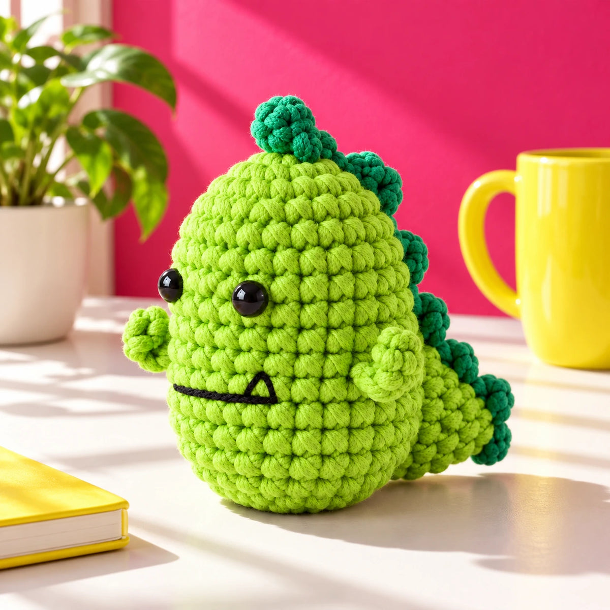 Fred — Dinosaure au crochet sur un bureau lumineux avec des accessoires jaune citron.