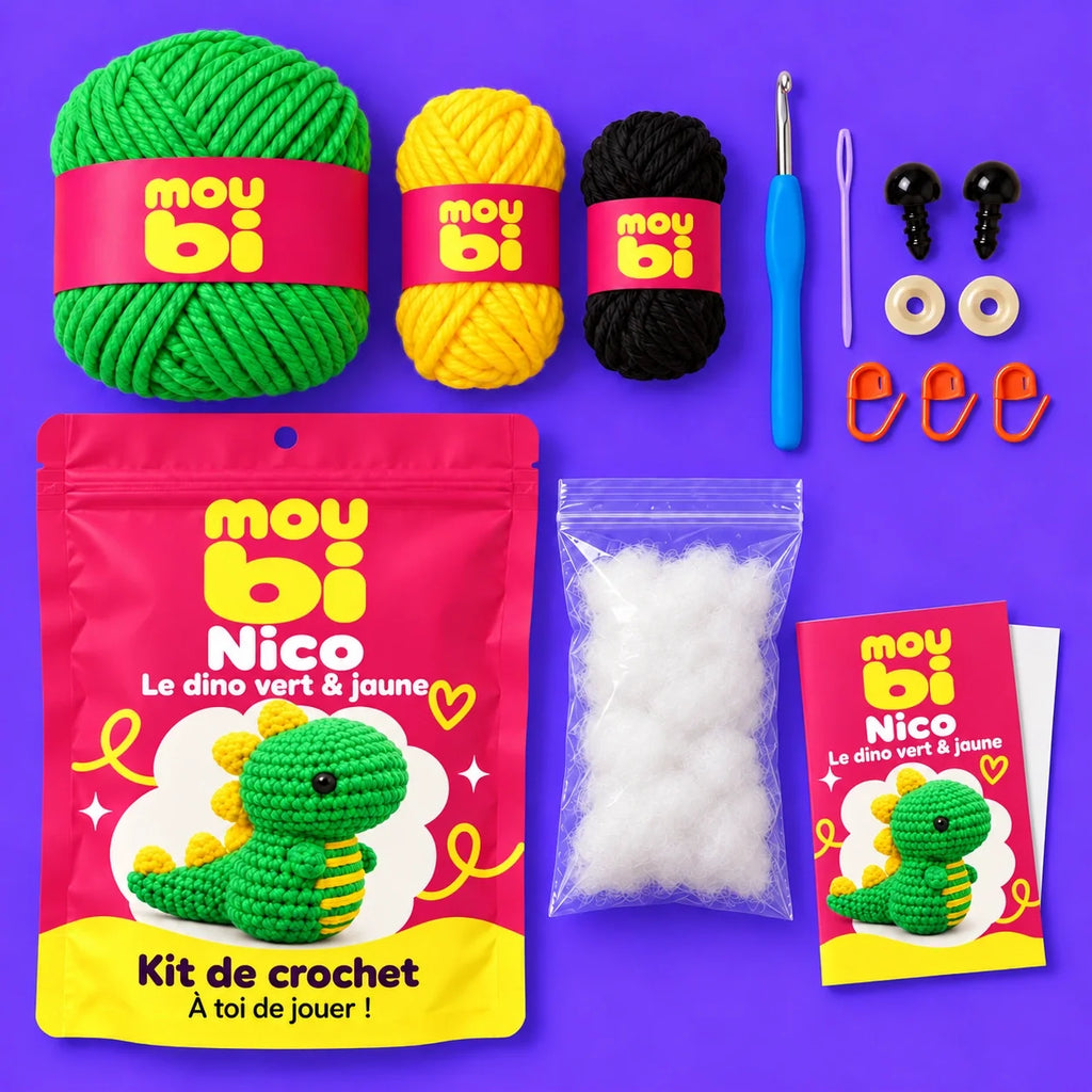 Contenu du kit de crochet Nico, le dino vert & jaune : fils, crochet, accessoires, sachet et livret Moubi.