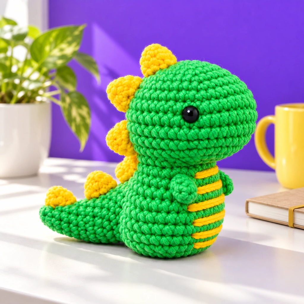 Nico — Le dinosaure vert et jaune au crochet — mise en situation.