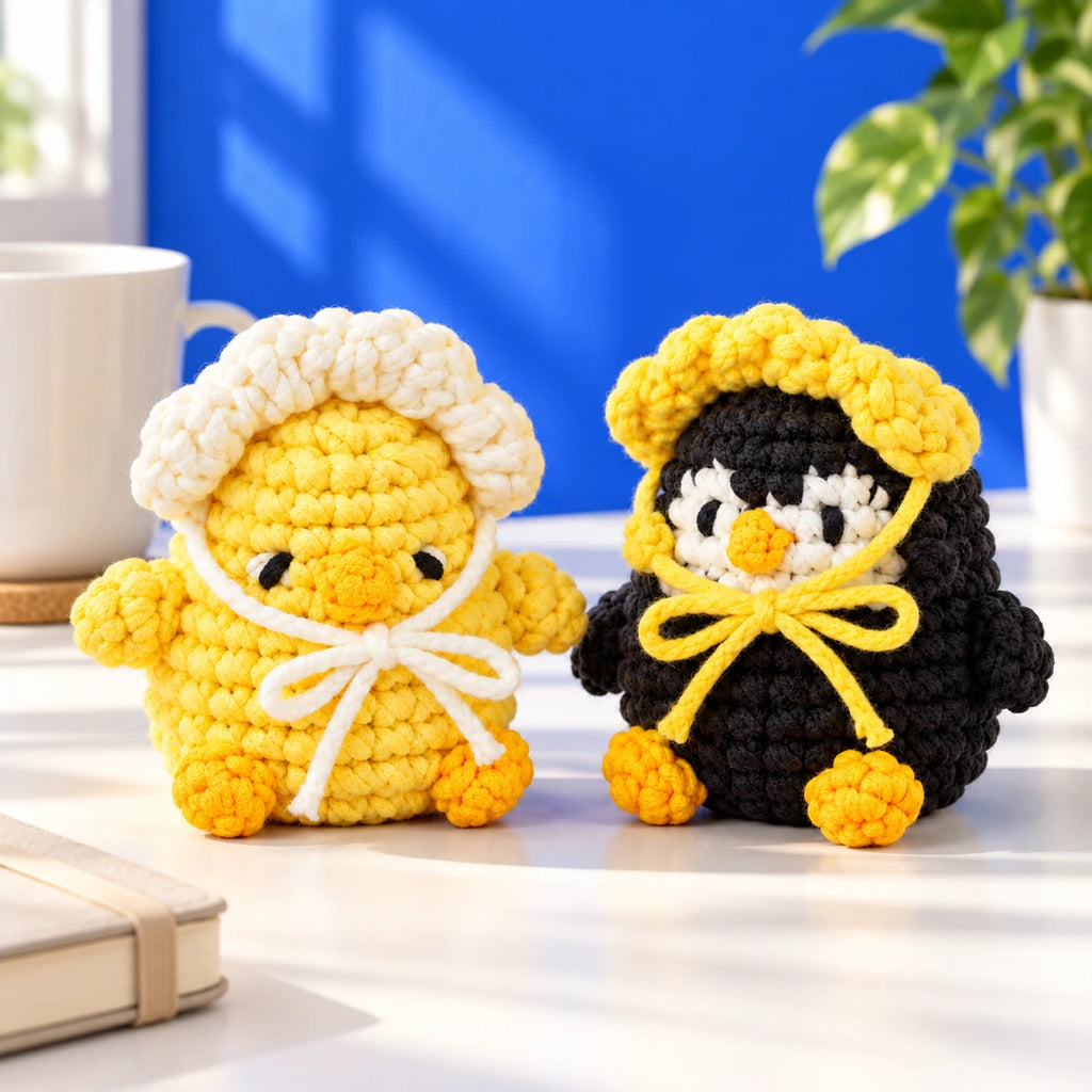 Pia & Paco — Poussin et pingouin avec bonnets au crochet — mise en situation.