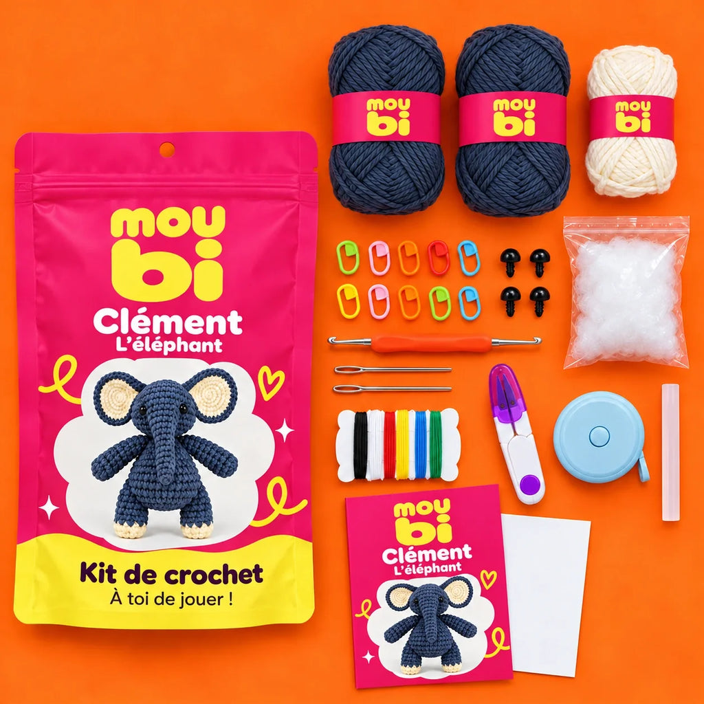Contenu du kit de crochet Clément, l’éléphant : fils, crochet, accessoires, sachet et livret Moubi.