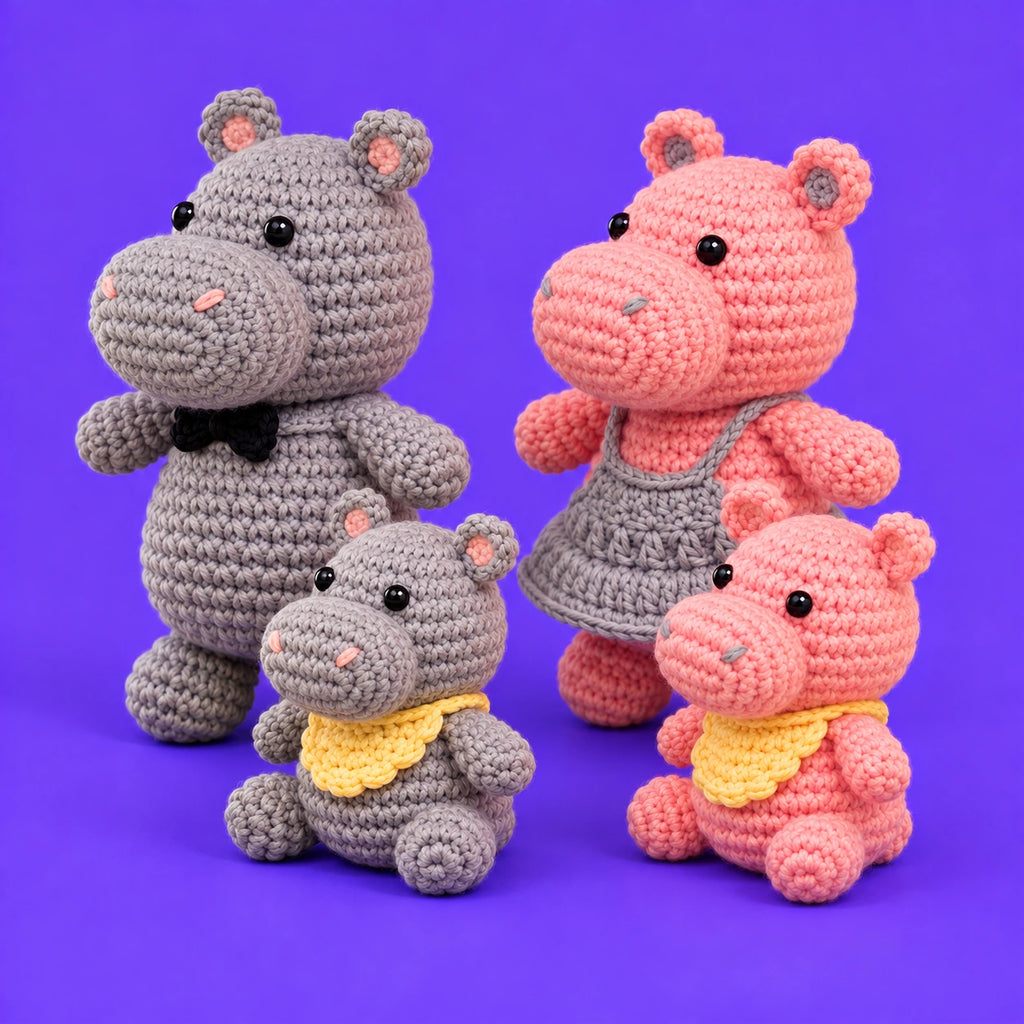 La famille de Théo — La famille hippopotame au crochet — vue de trois quarts.
