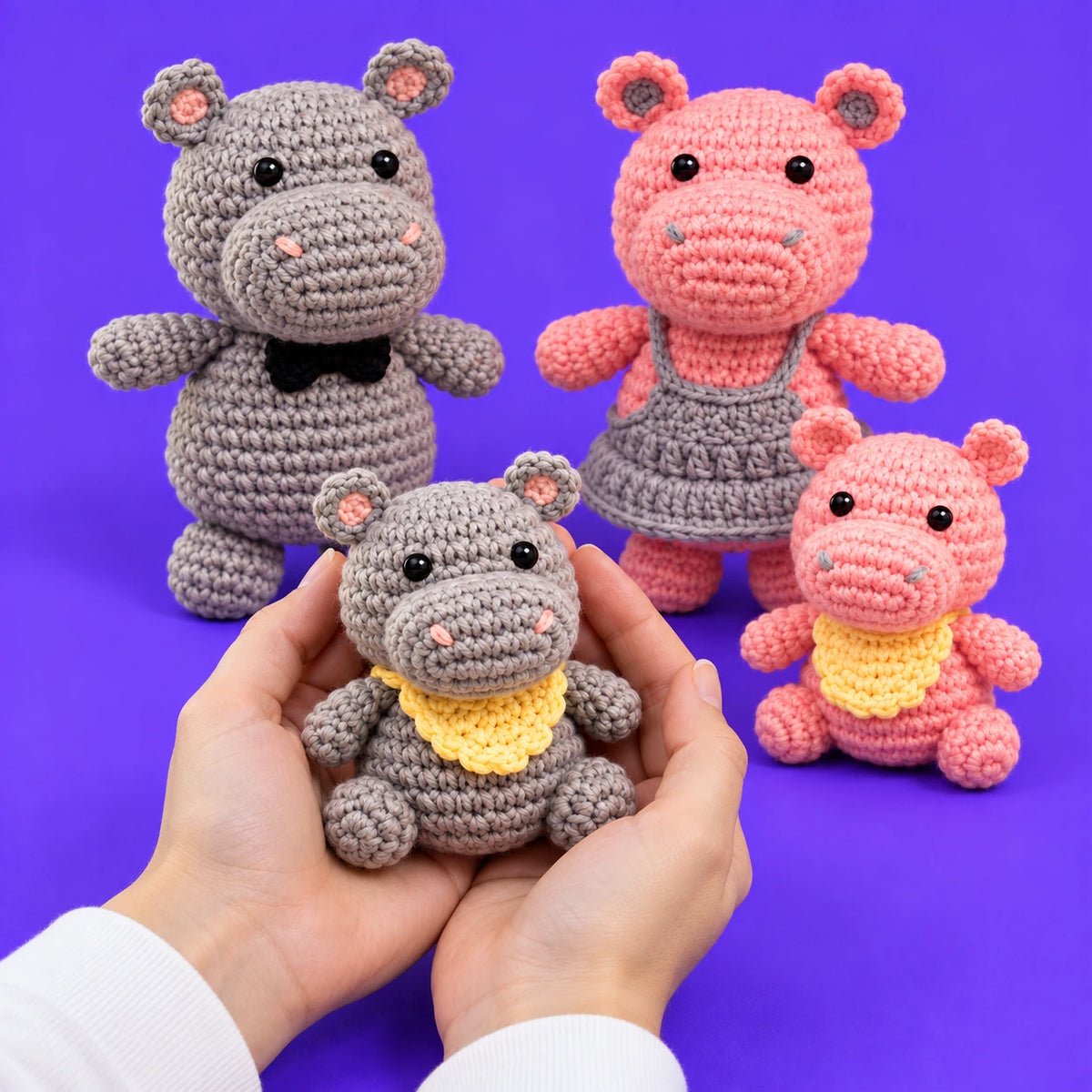 La famille de Théo — La famille hippopotame au crochet — présentation en main.