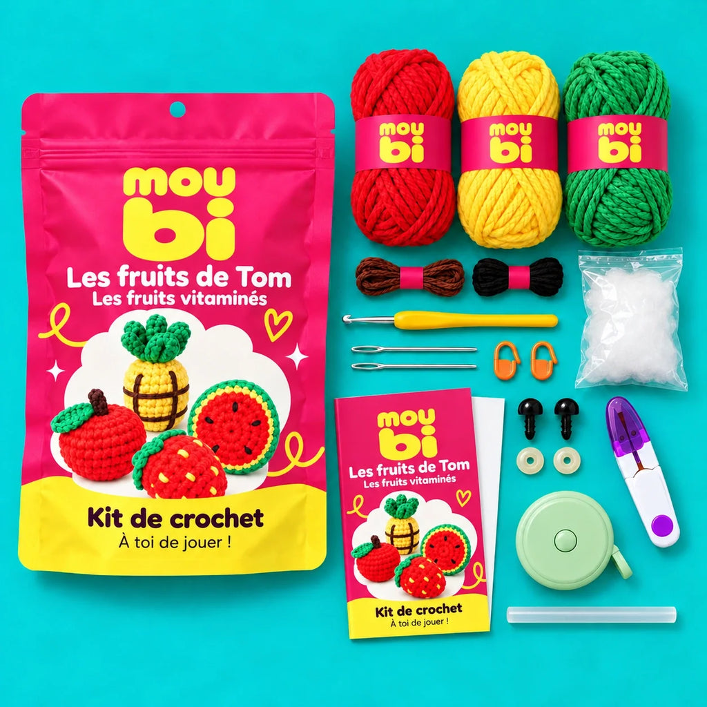 Contenu du kit de crochet Les fruits de Tom — Les fruits vitaminés : fils, crochet, accessoires, sachet et livret Moubi.
