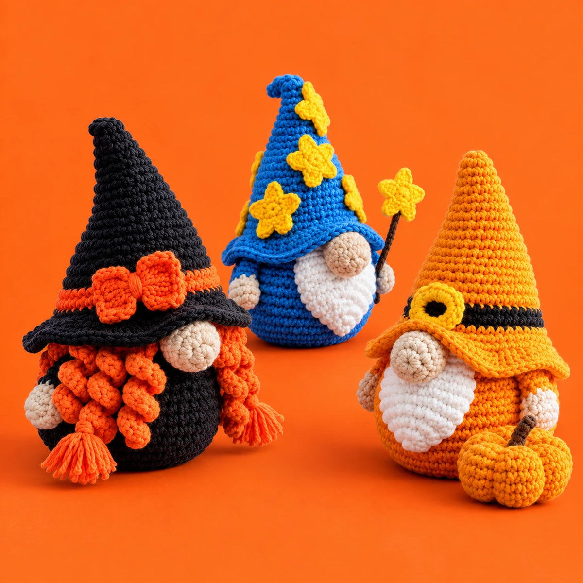 Jérôme & ses amis — Les gnomes d’Halloween au crochet — vue de trois quarts.