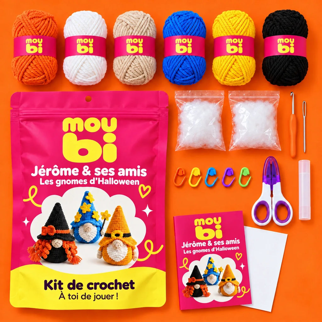 Contenu du kit de crochet Jérôme & ses amis — Les gnomes d’Halloween : fils, crochet, accessoires, sachet et livret Moubi.