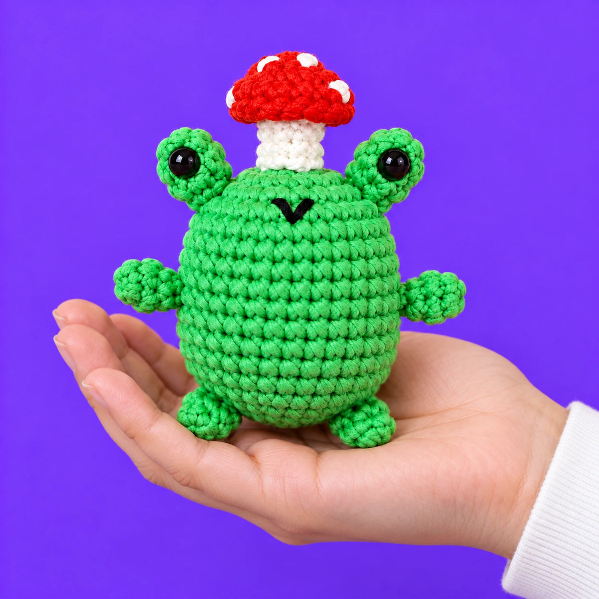 Zoé — Grenouille avec champignon au crochet — présentation en main.