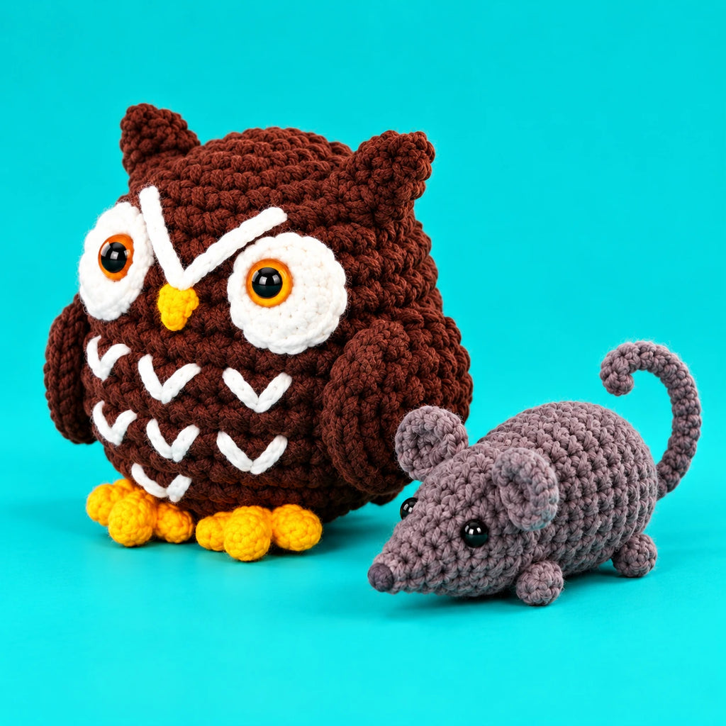 Lou & Suzy — Hibou & souris au crochet — vue de trois quarts.