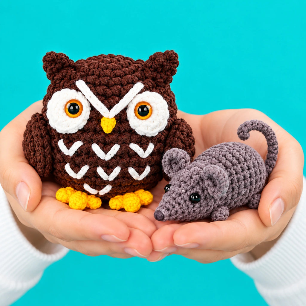 Lou & Suzy — Hibou & souris au crochet — présentation en main.