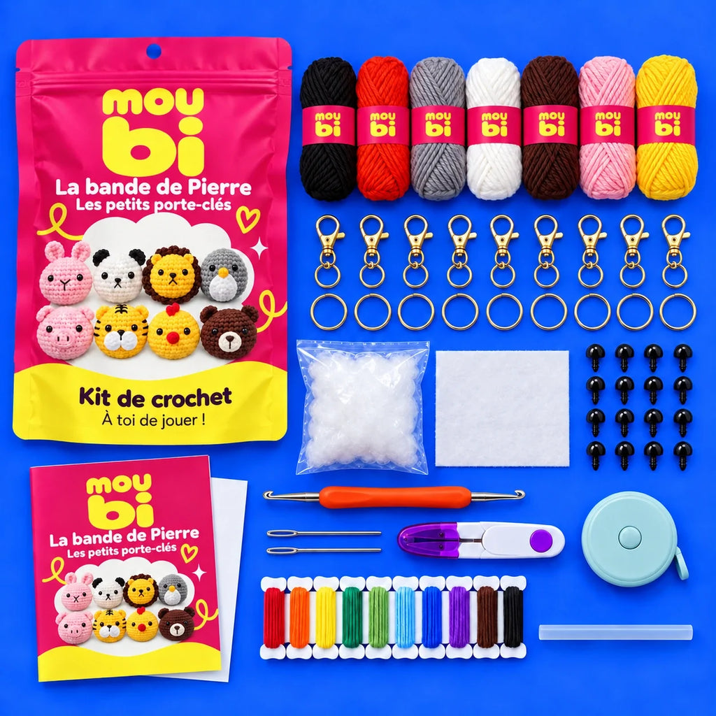 Contenu du kit de crochet La bande de Pierre — Les petits porte-clés : fils, crochet, accessoires, sachet et livret Moubi.