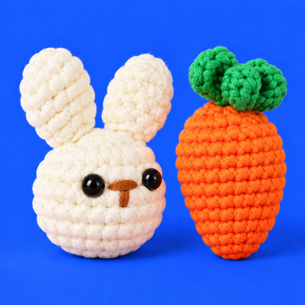 Justin — Tête de lapin et carotte au crochet — vue de trois quarts.