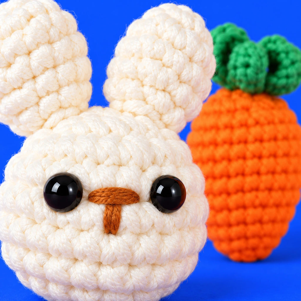 Justin — Tête de lapin et carotte au crochet — détail des mailles.
