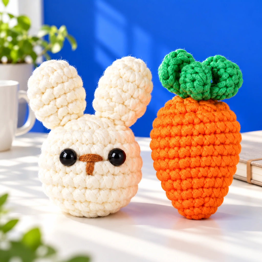 Justin — Tête de lapin et carotte au crochet — mise en situation.