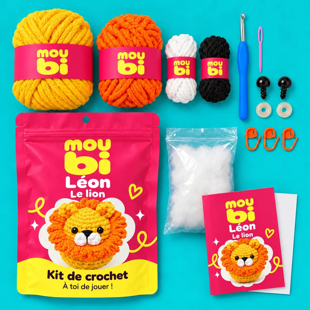Contenu du kit de crochet Léon, le lion : fils, crochet, accessoires, sachet et livret Moubi.