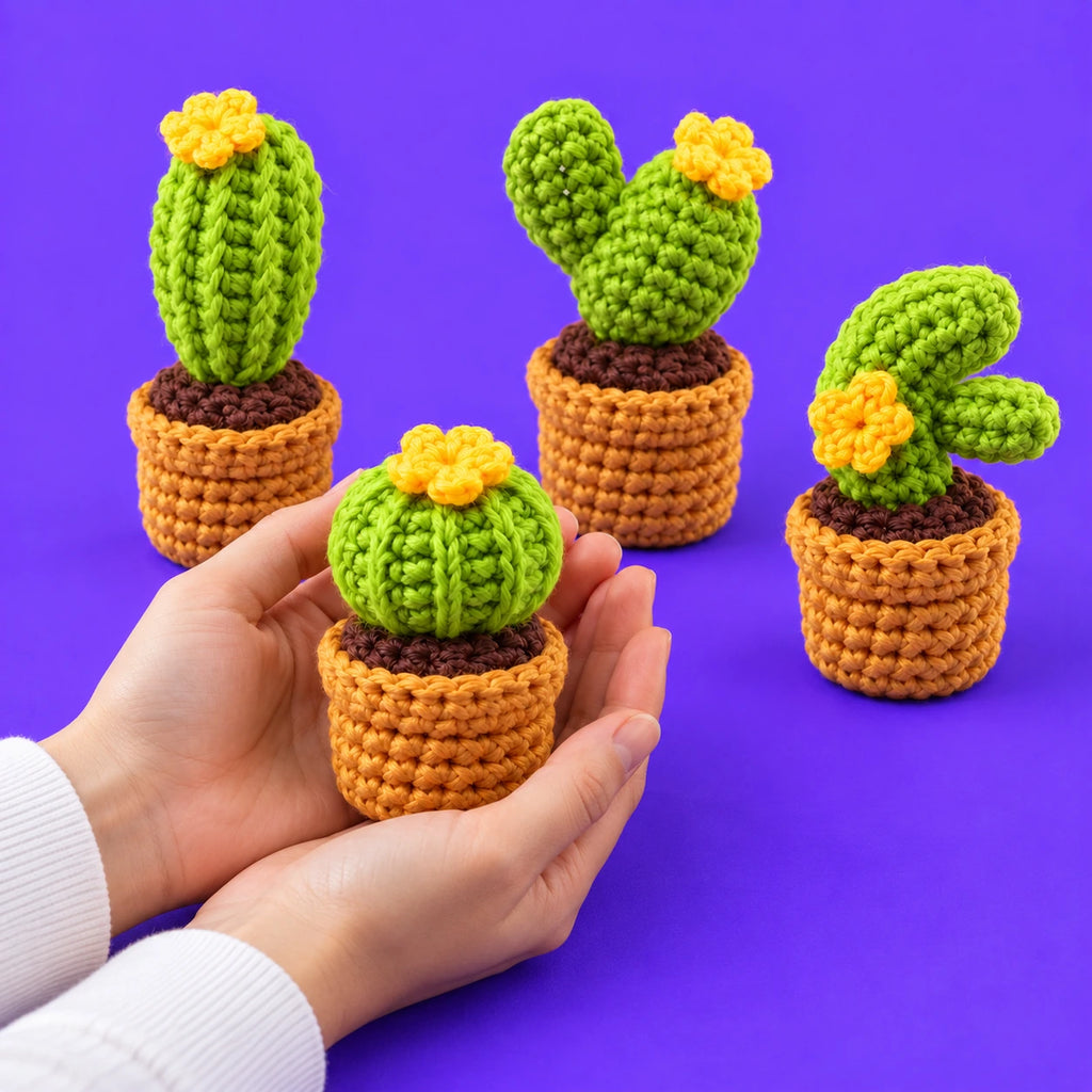 Les cactus de Gus — Les mini cactus au crochet — présentation en main.
