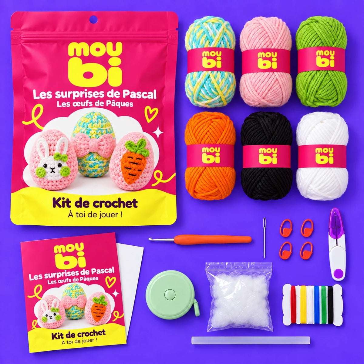 Contenu du kit de crochet Les surprises de Pascal — Les œufs de Pâques : fils, crochet, accessoires, sachet et livret Moubi.