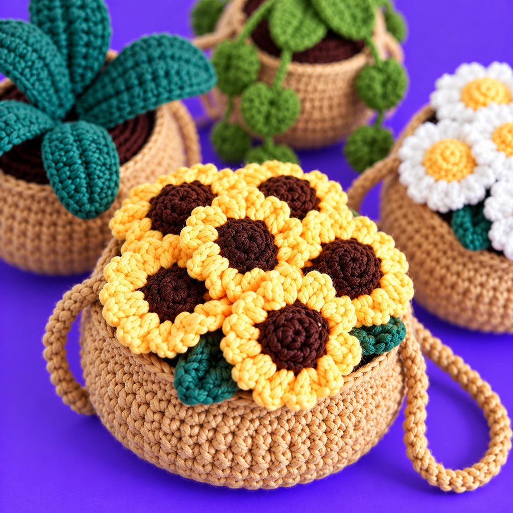 Le jardin de Fanny — Les paniers suspendus au crochet — détail des mailles.