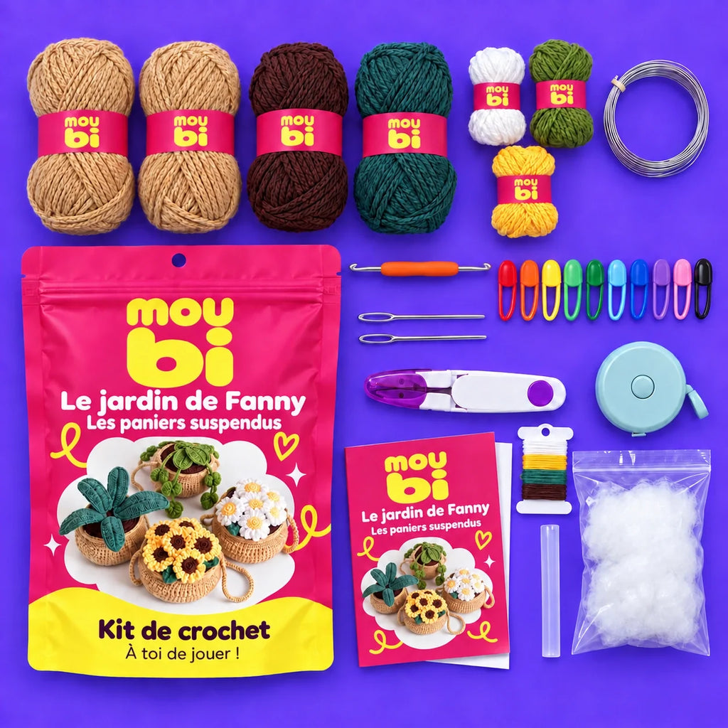 Contenu du kit de crochet Le jardin de Fanny — Les paniers suspendus : fils, crochet, accessoires, sachet et livret Moubi.
