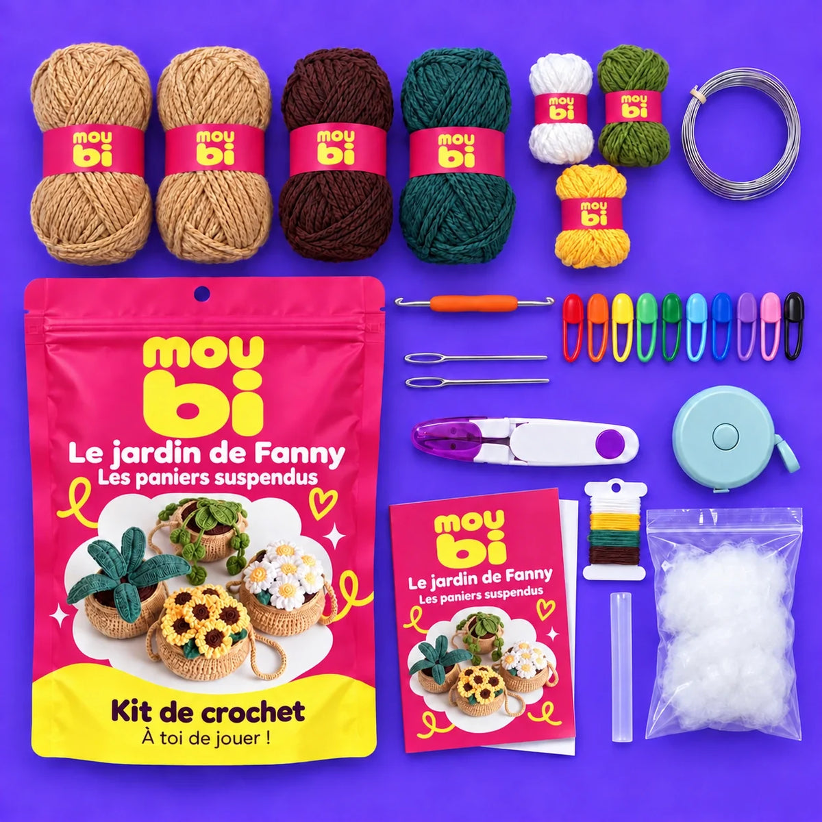 Contenu du kit de crochet Le jardin de Fanny — Les paniers suspendus : fils, crochet, accessoires, sachet et livret Moubi.