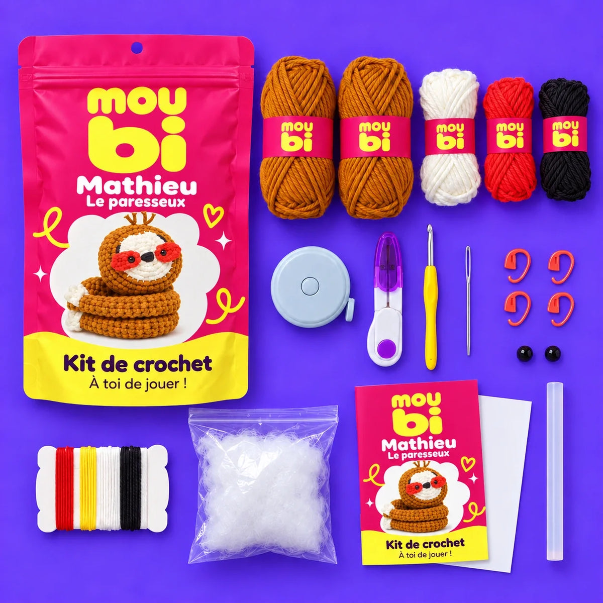 Contenu du kit de crochet Mathieu, le paresseux : fils, crochet, accessoires, sachet et livret Moubi.