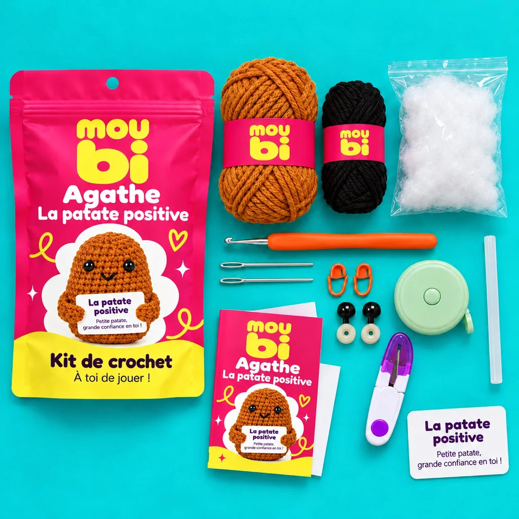 Contenu du kit de crochet Agathe, la patate positive : fils, crochet, accessoires, sachet et livret Moubi.