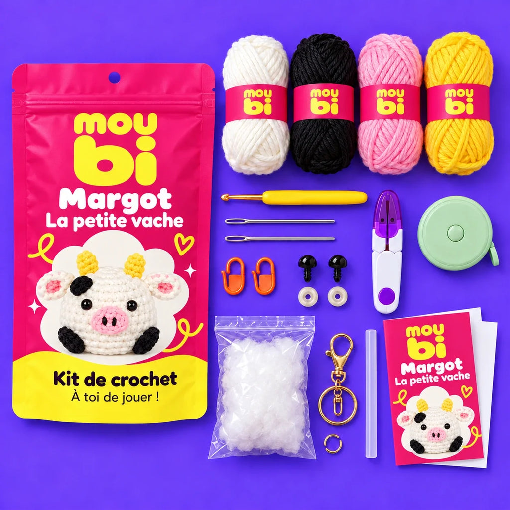 Contenu du kit de crochet Margot, la petite vache : fils, crochet, accessoires, sachet et livret Moubi.