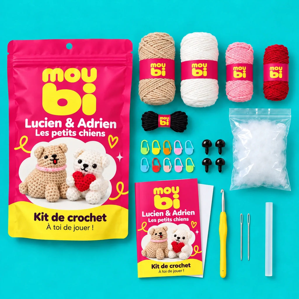 Contenu du kit de crochet Lucien & Adrien — Les petits chiens : fils, crochet, accessoires, sachet et livret Moubi.