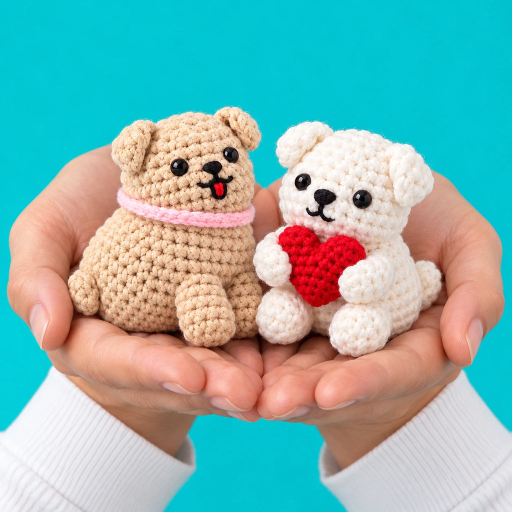 Lucien & Adrien — Les petits chiens au crochet — présentation en main.