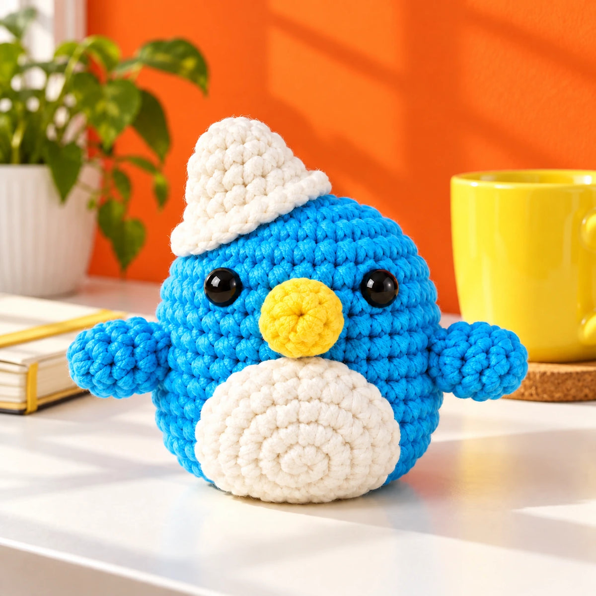 Colin — Pingouin bleu à bonnet blanc au crochet — mise en situation.