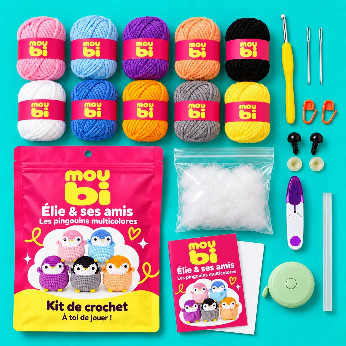 Contenu du kit de crochet Élie & ses amis — Les pingouins multicolores : fils, crochet, accessoires, sachet et livret Moubi.