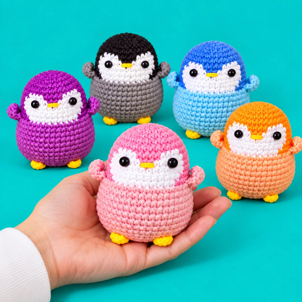 Élie & ses amis — Pingouins multicolores au crochet — présentation en main.