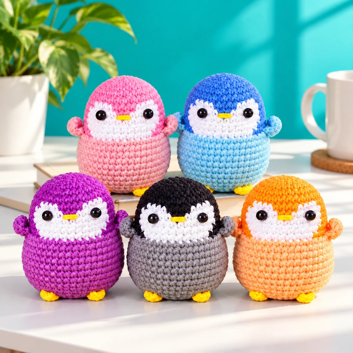 Élie & ses amis — Pingouins multicolores au crochet — mise en situation.