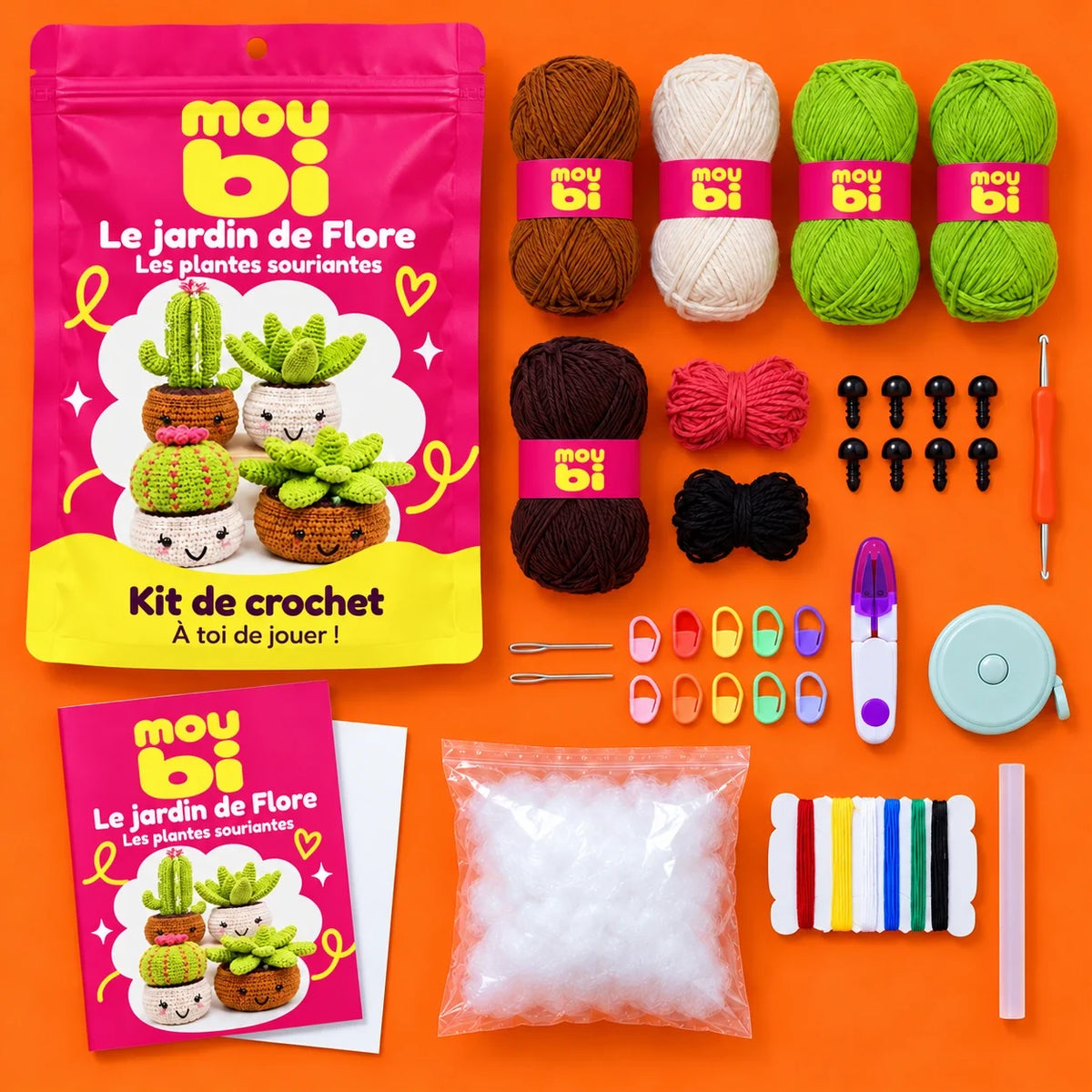 Contenu du kit de crochet Le jardin de Flore — Les plantes souriantes : fils, crochet, accessoires, sachet et livret Moubi.