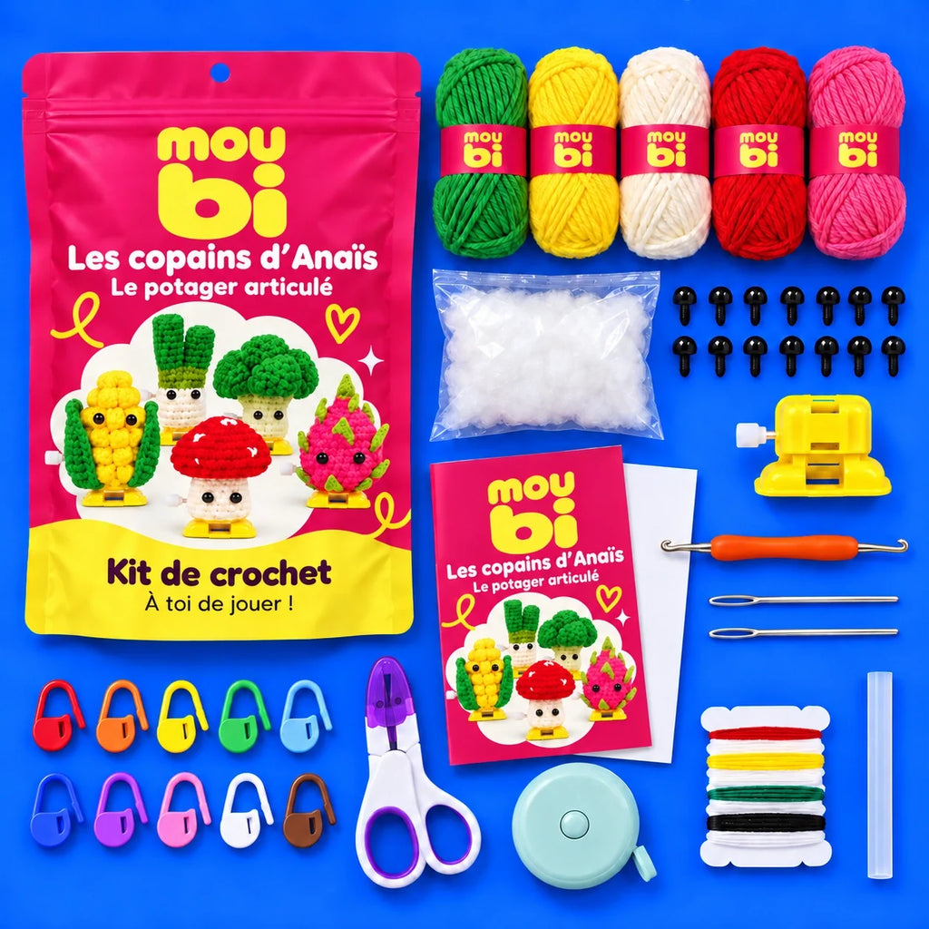 Contenu du kit de crochet Les copains d’Anaïs — Le potager articulé : fils, crochet, accessoires, sachet et livret Moubi.