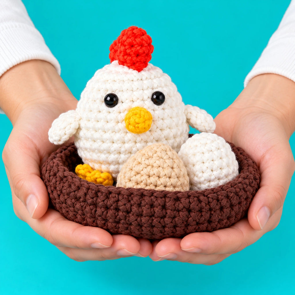 Paulette — La poule et ses œufs au crochet — présentation en main.