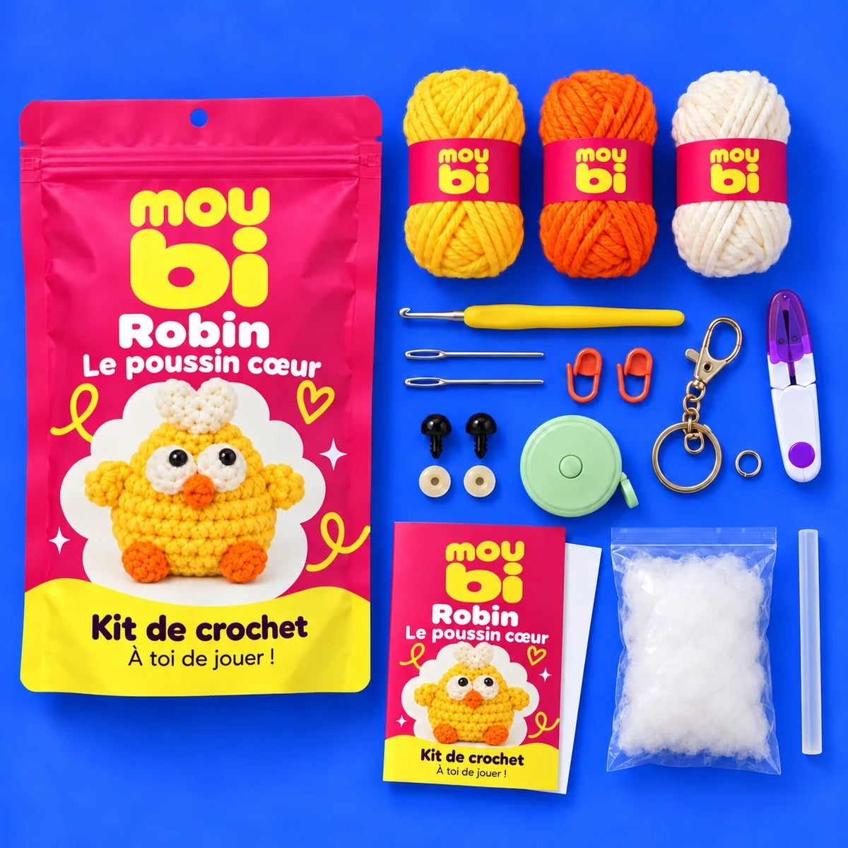 Contenu du kit de crochet Robin, le poussin cœur : fils, crochet, accessoires, sachet et livret Moubi.