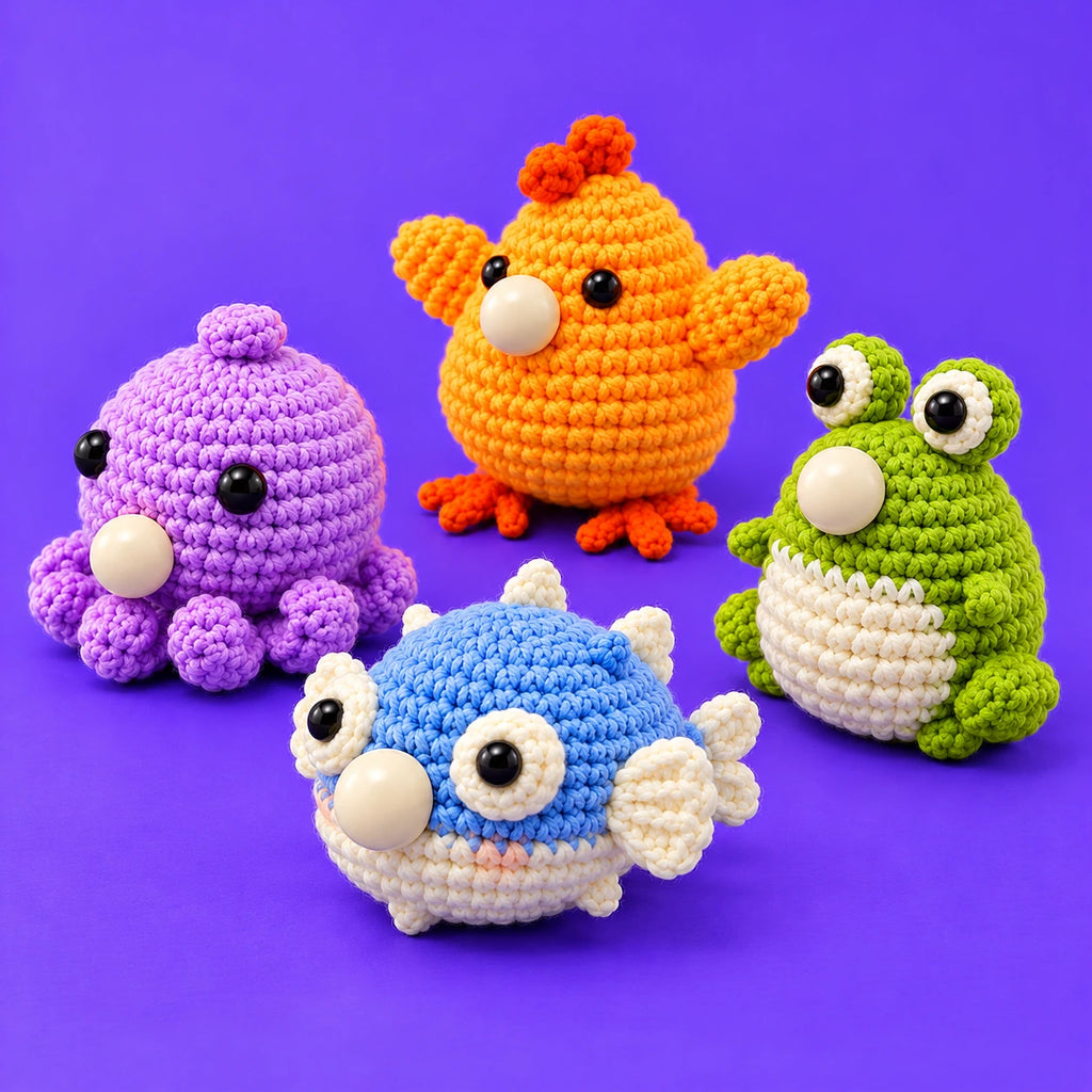 Les copains d’Augustin — Les quatre petites bouilles au crochet — vue de trois quarts.