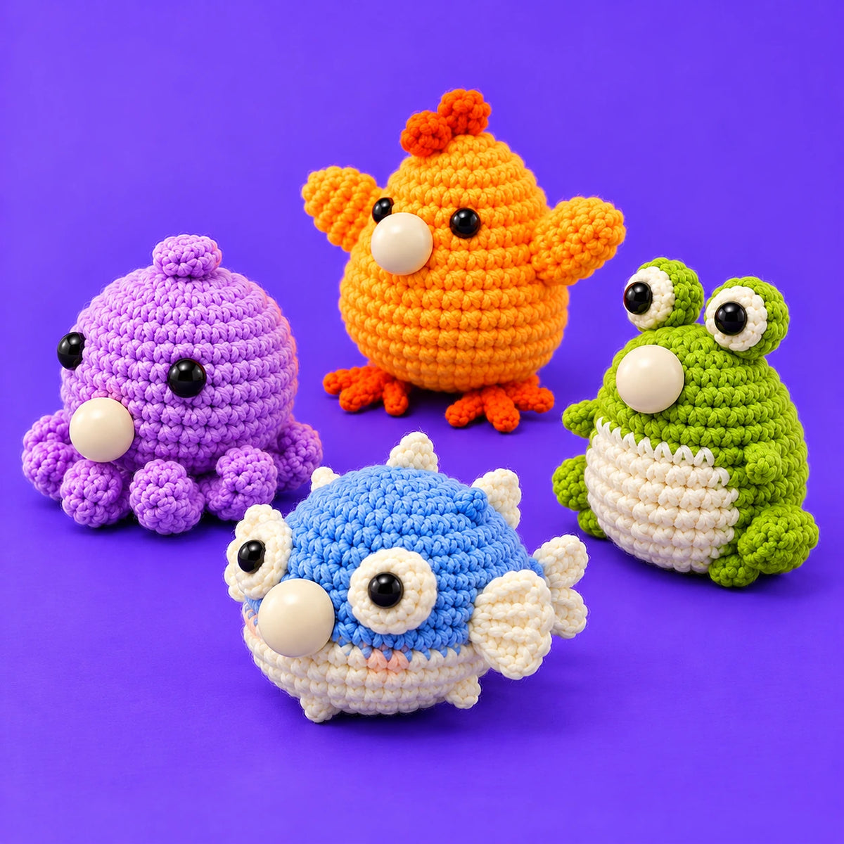 Les copains d’Augustin — Les quatre petites bouilles au crochet — vue de trois quarts.