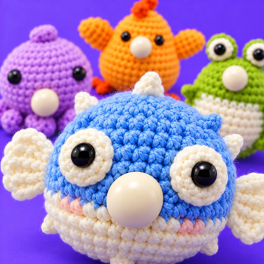 Les copains d’Augustin — Les quatre petites bouilles au crochet — détail des mailles.