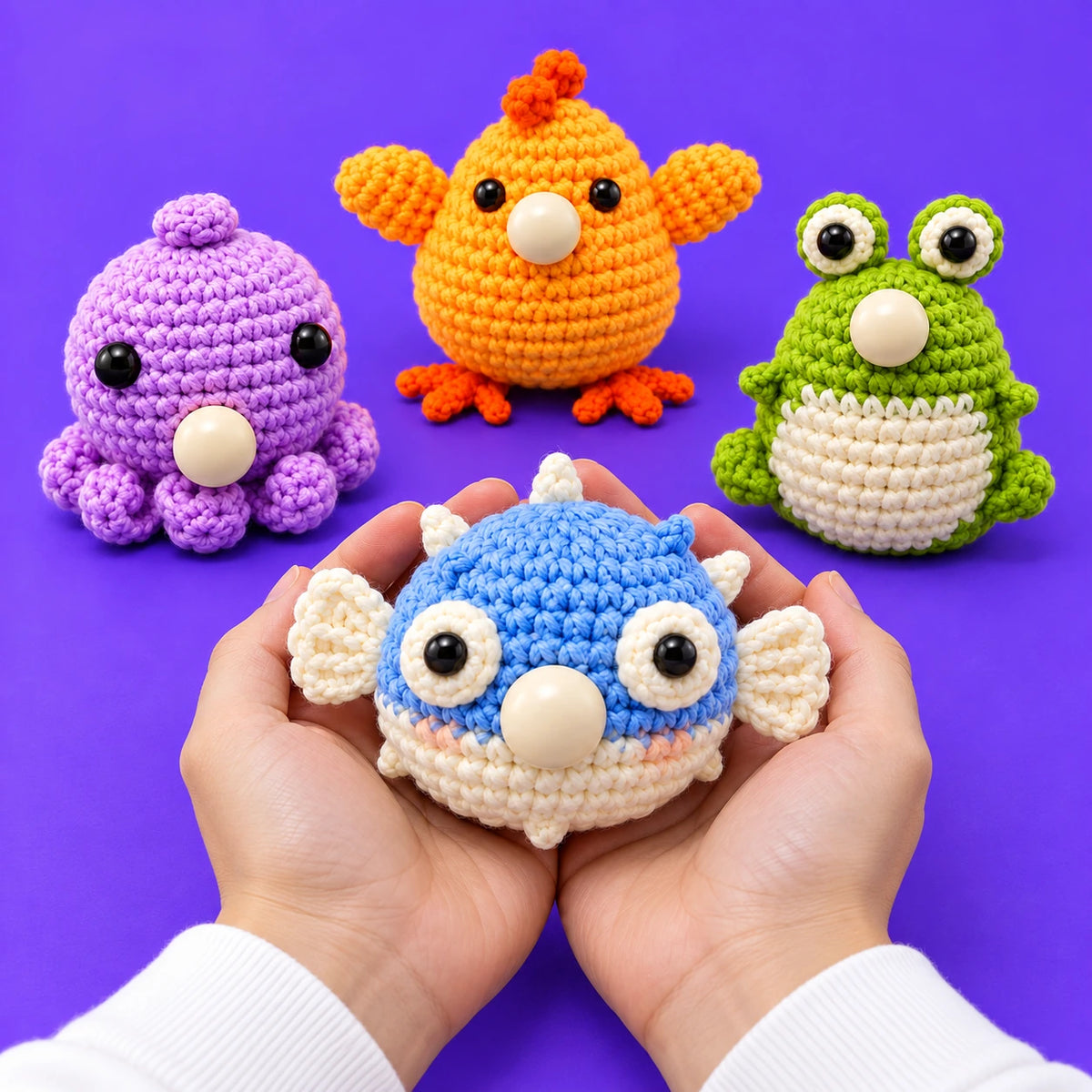 Les copains d’Augustin — Les quatre petites bouilles au crochet — présentation en main.