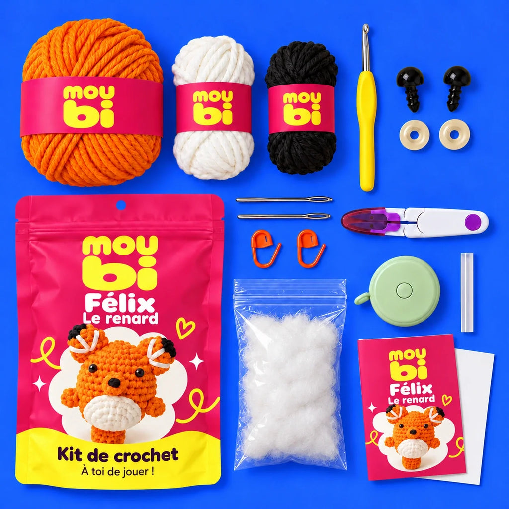 Contenu du kit de crochet Félix, le renard : fils, crochet, accessoires, sachet et livret Moubi.