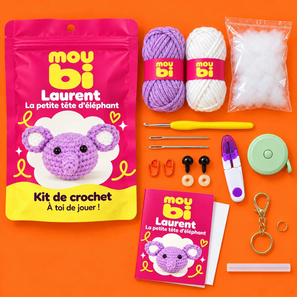 Contenu du kit de crochet Laurent, la petite tête d’éléphant : fils, crochet, accessoires, sachet et livret Moubi.