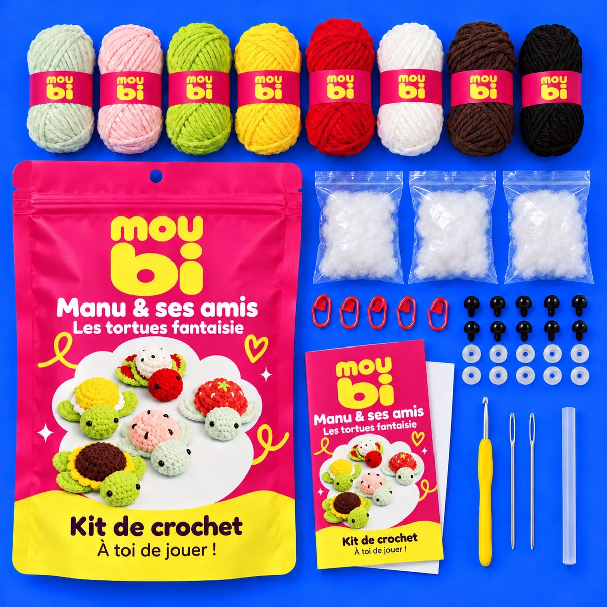 Contenu du kit de crochet Manu & ses amis — Les tortues fantaisie : fils, crochet, accessoires, sachet et livret Moubi.