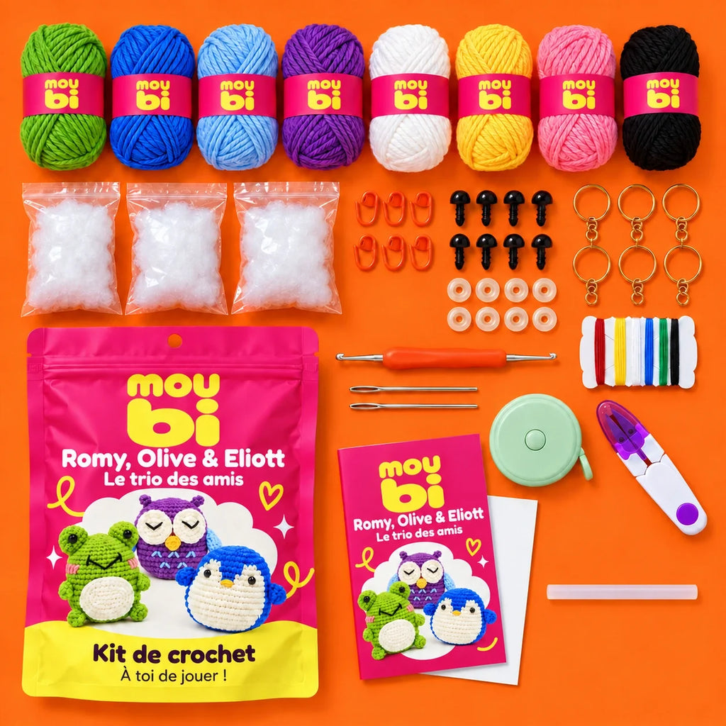 Contenu du kit de crochet Romy, Olive & Eliott — Le trio des amis : fils, crochet, accessoires, sachet et livret Moubi.