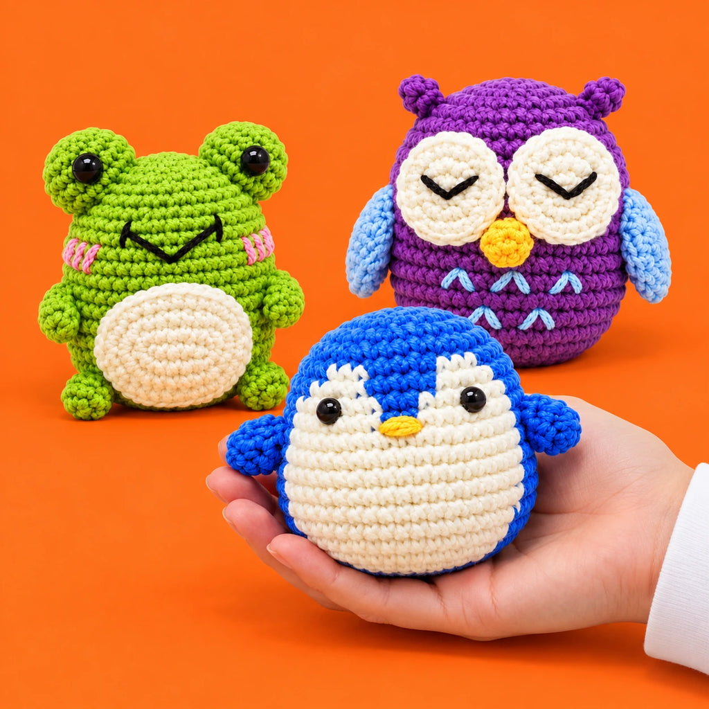 Romy, Olive & Eliott — Grenouille, hibou et pingouin au crochet — présentation en main.